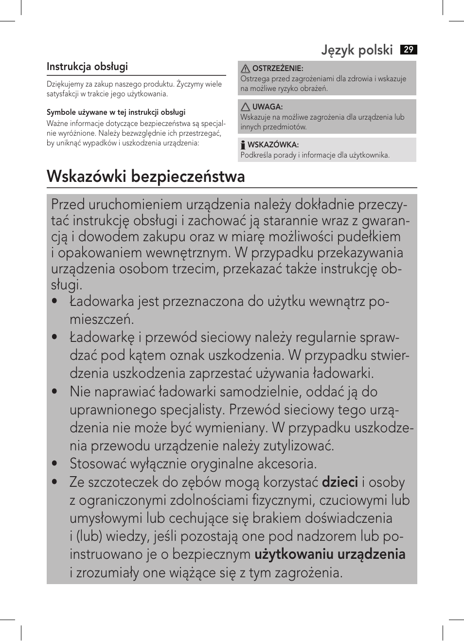 Wskazówki bezpieczeństwa | AEG EZS 5664 User Manual | Page 29 / 50