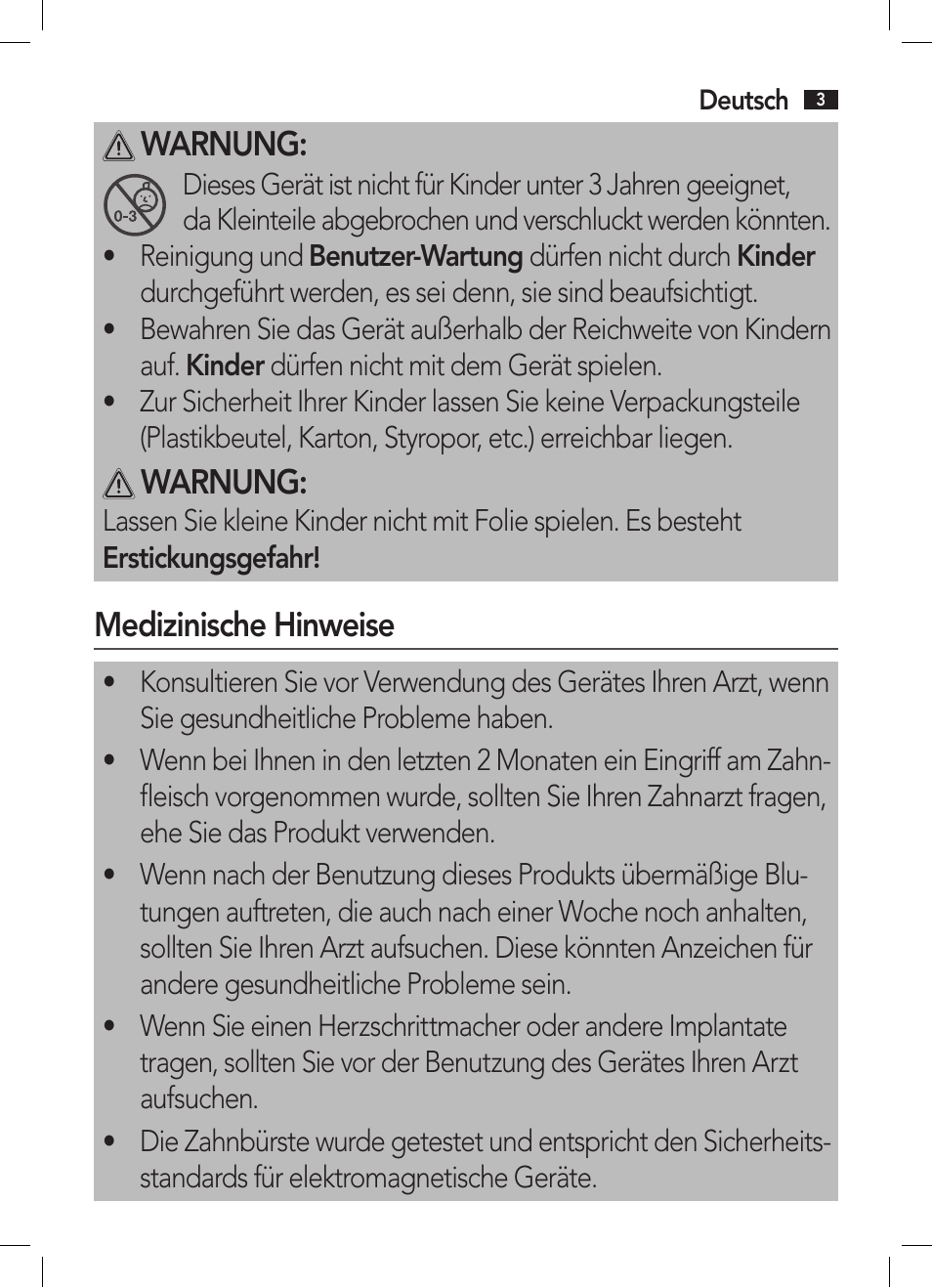 Warnung, Medizinische hinweise | AEG EZS 5664 User Manual | Page 3 / 50