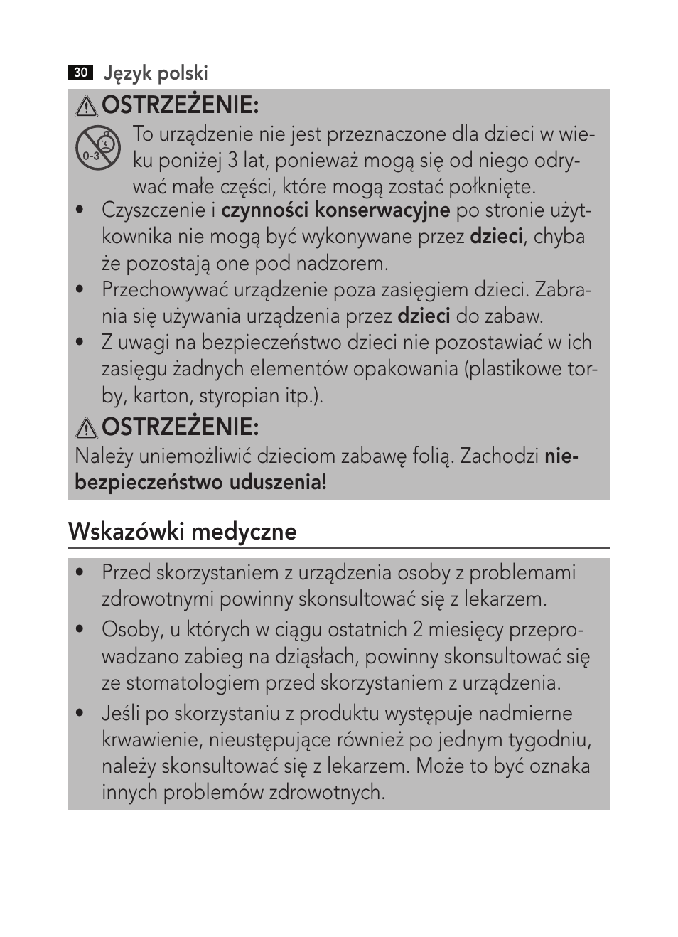 Ostrzeżenie, Wskazówki medyczne | AEG EZS 5664 User Manual | Page 30 / 50