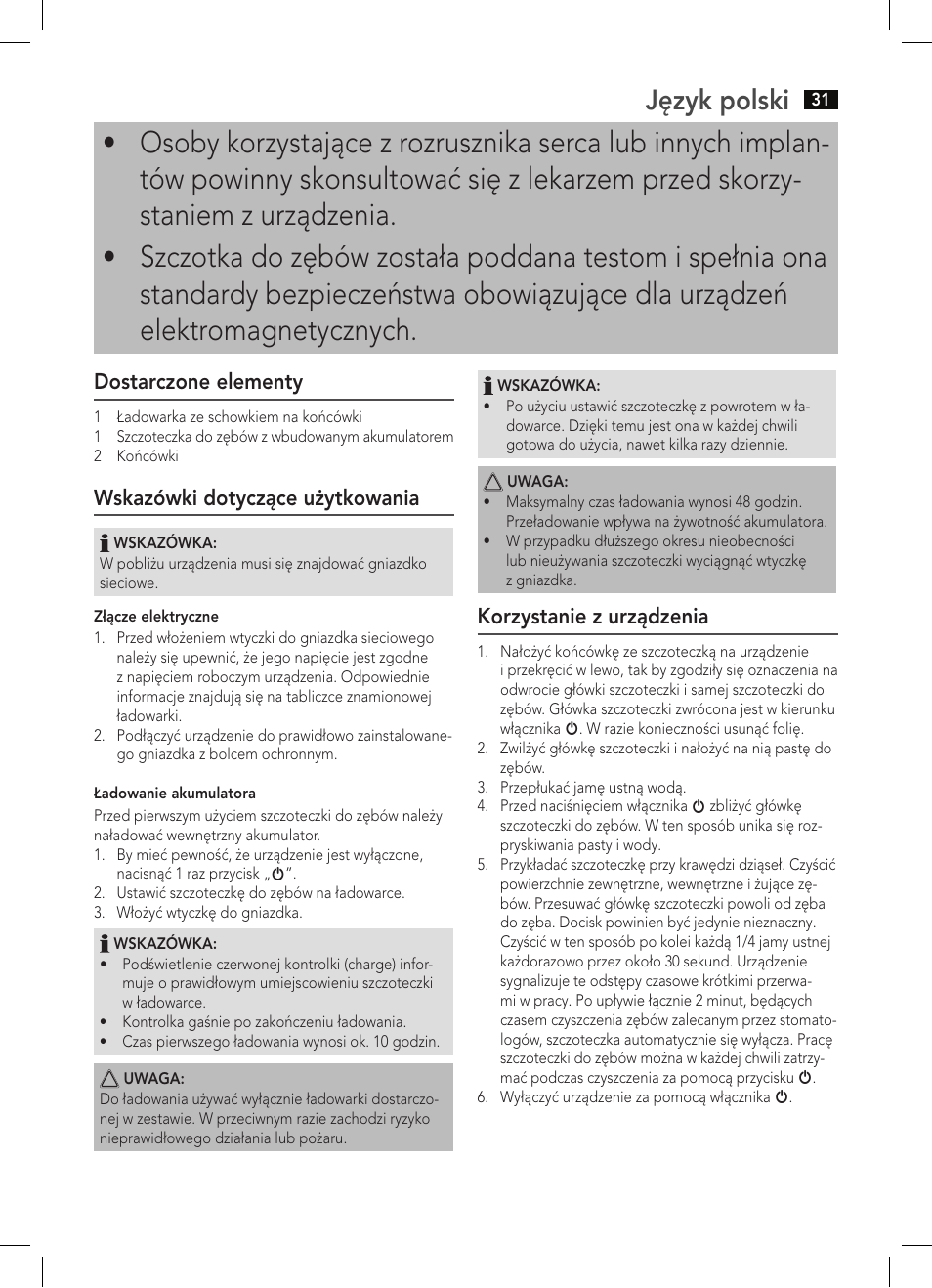 Język polski, Dostarczone elementy, Wskazówki dotyczące użytkowania | Korzystanie z urządzenia | AEG EZS 5664 User Manual | Page 31 / 50