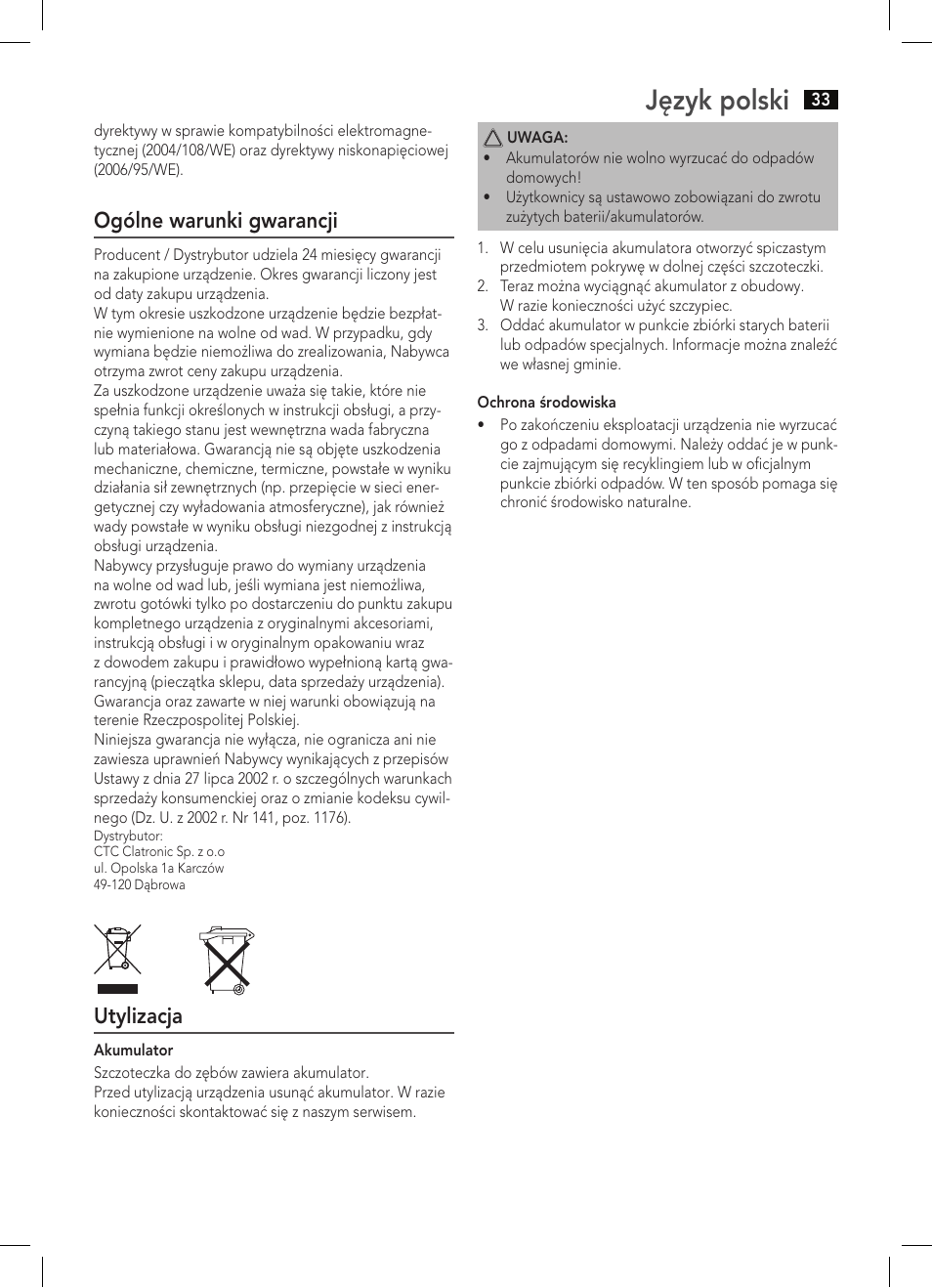 Język polski, Ogólne warunki gwarancji, Utylizacja | AEG EZS 5664 User Manual | Page 33 / 50