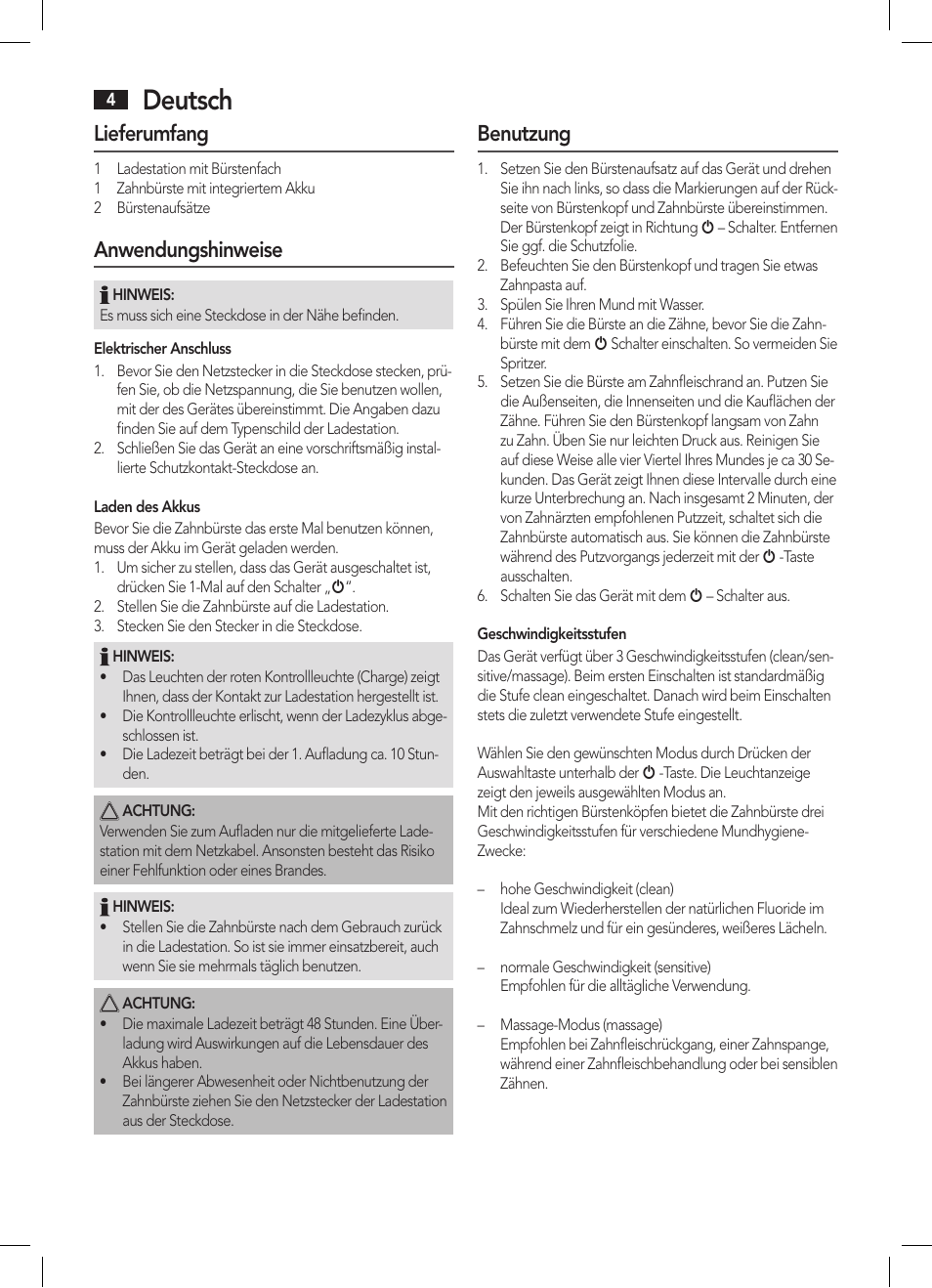 Deutsch, Lieferumfang, Anwendungshinweise | Benutzung | AEG EZS 5664 User Manual | Page 4 / 50