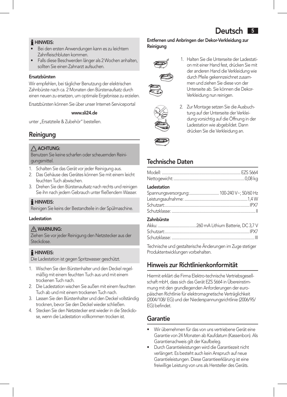 Deutsch, Reinigung, Technische daten | Hinweis zur richtlinienkonformität, Garantie | AEG EZS 5664 User Manual | Page 5 / 50