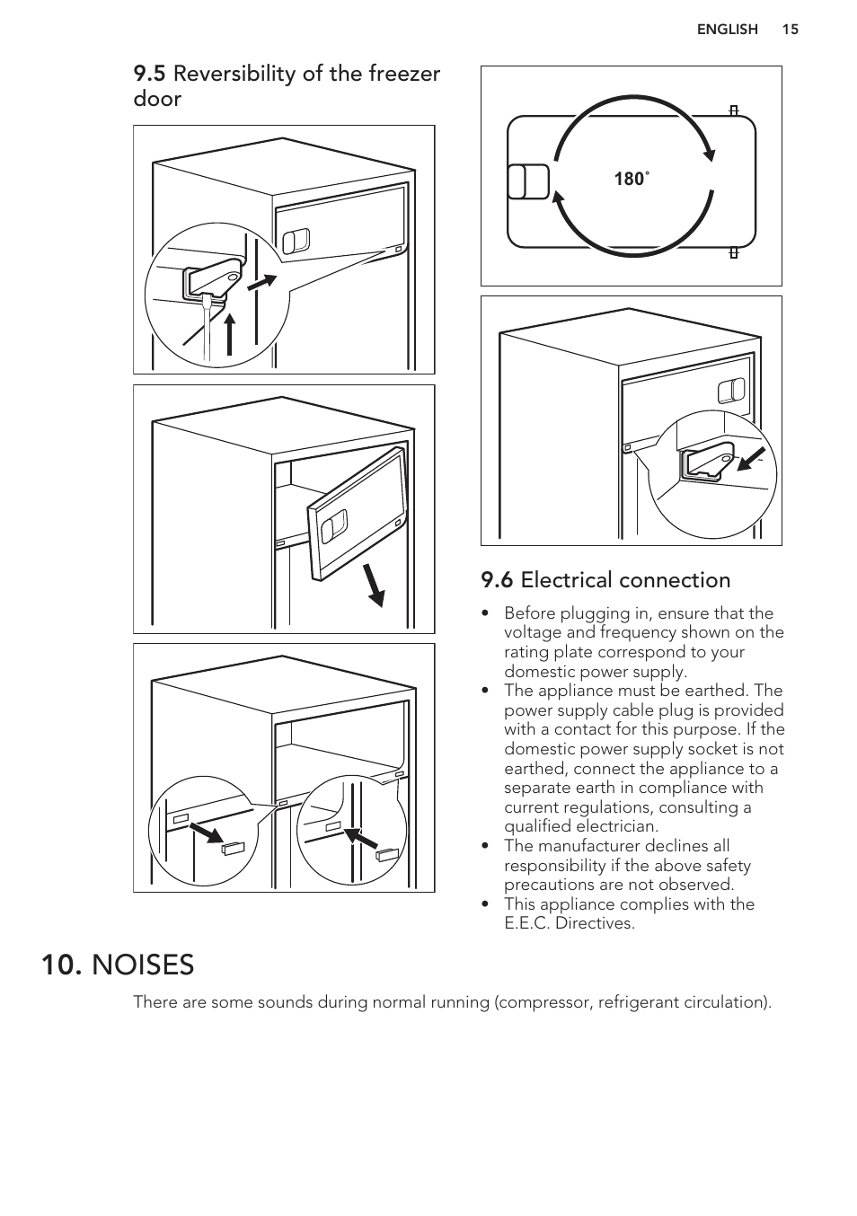 5 reversibility of the freezer door, 6 electrical connection, Noises | AEG S37020KSW0 User Manual | Page 15 / 72
