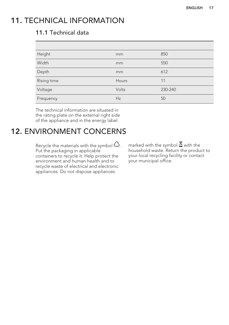 Technical information, 1 technical data, Environment concerns | AEG S37020KSW0 User Manual | Page 17 / 72