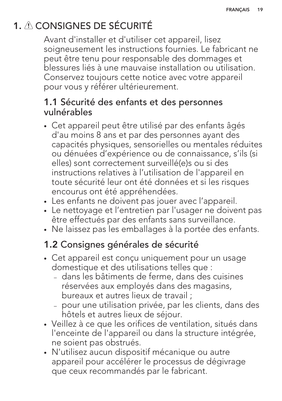 Consignes de sécurité, 2 consignes générales de sécurité | AEG S37020KSW0 User Manual | Page 19 / 72