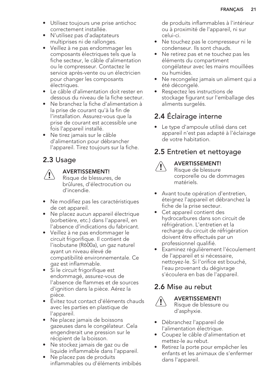 3 usage, 4 éclairage interne, 5 entretien et nettoyage | 6 mise au rebut | AEG S37020KSW0 User Manual | Page 21 / 72