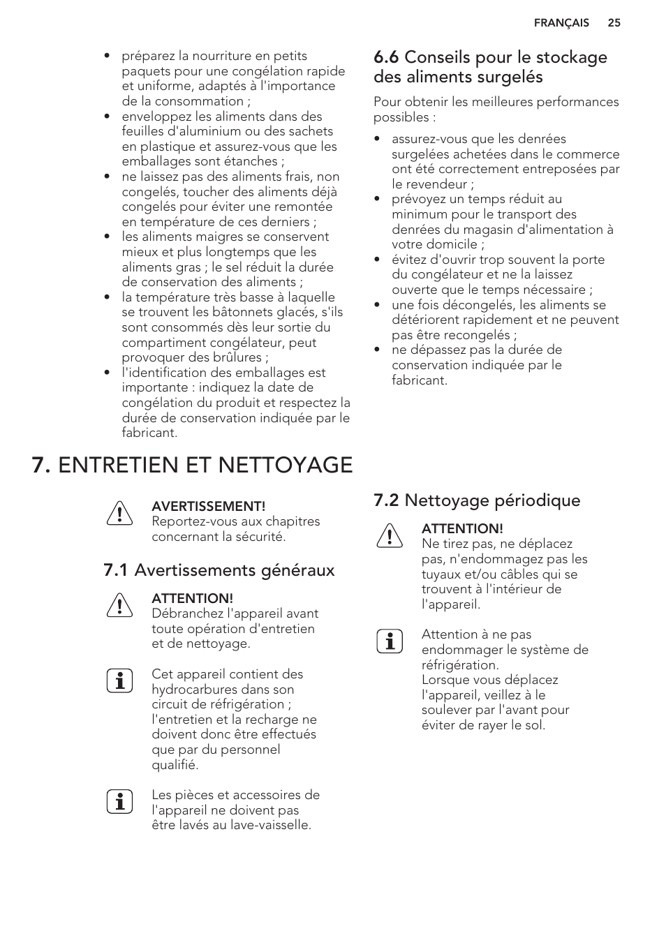 6 conseils pour le stockage des aliments surgelés, Entretien et nettoyage, 1 avertissements généraux | 2 nettoyage périodique | AEG S37020KSW0 User Manual | Page 25 / 72