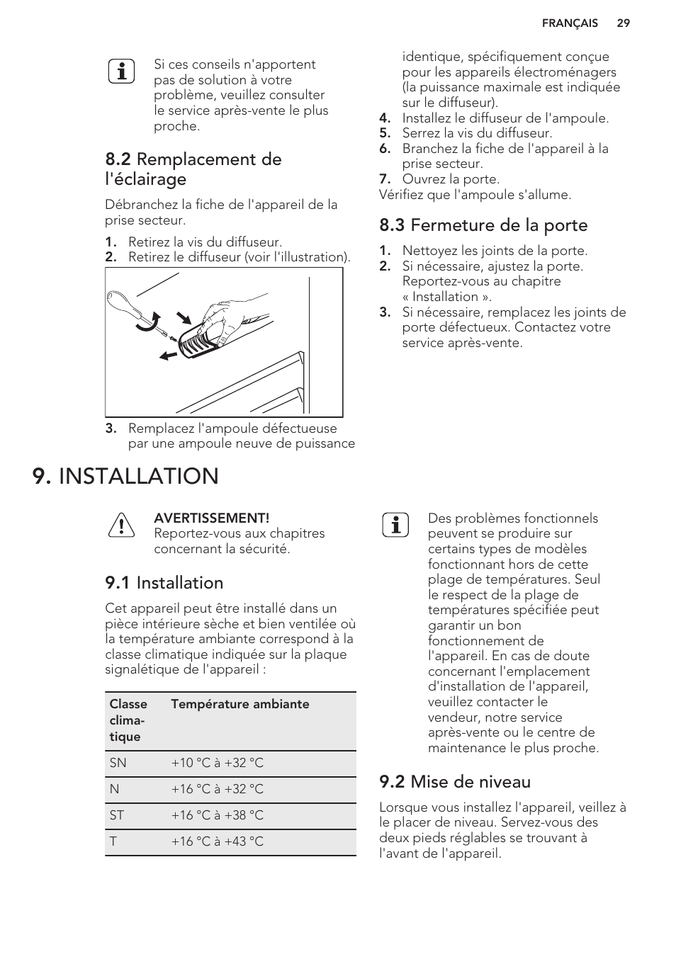2 remplacement de l'éclairage, 3 fermeture de la porte, Installation | 1 installation, 2 mise de niveau | AEG S37020KSW0 User Manual | Page 29 / 72