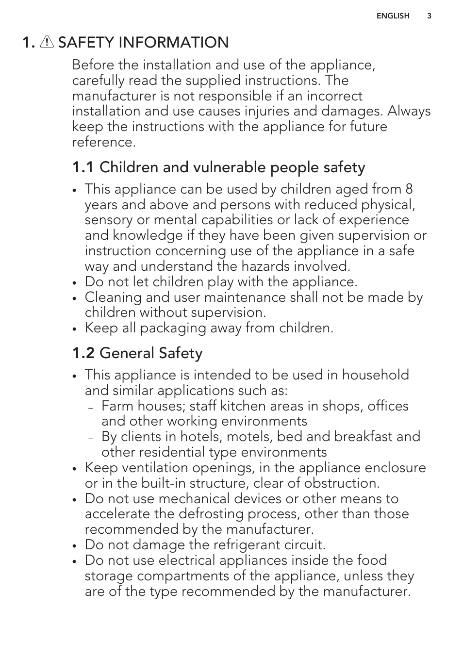 Safety information, 1 children and vulnerable people safety, 2 general safety | AEG S37020KSW0 User Manual | Page 3 / 72