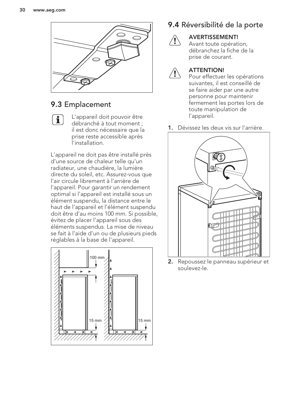 3 emplacement, 4 réversibilité de la porte | AEG S37020KSW0 User Manual | Page 30 / 72