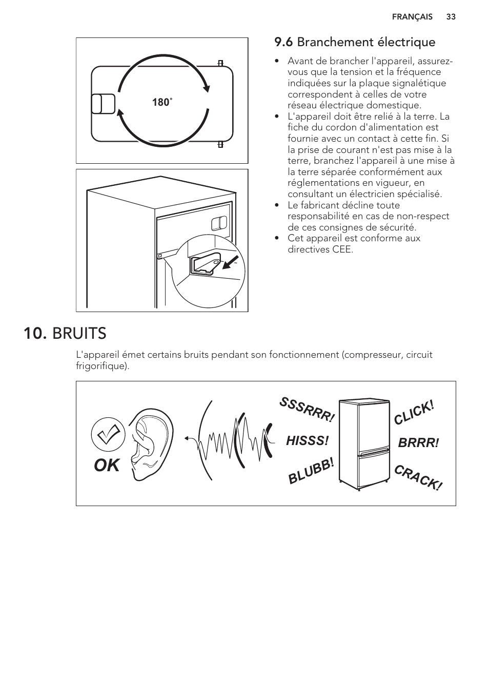 6 branchement électrique, Bruits | AEG S37020KSW0 User Manual | Page 33 / 72