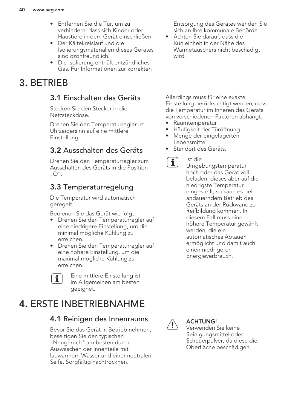 Betrieb, 1 einschalten des geräts, 2 ausschalten des geräts | 3 temperaturregelung, Erste inbetriebnahme, 1 reinigen des innenraums, Betrieb 4. erste inbetriebnahme | AEG S37020KSW0 User Manual | Page 40 / 72