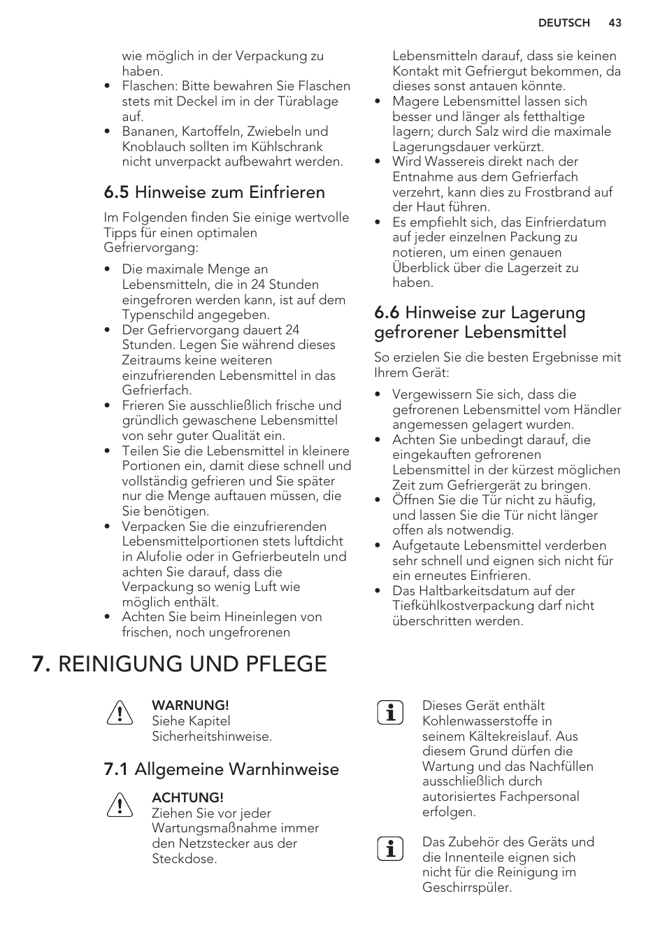 5 hinweise zum einfrieren, 6 hinweise zur lagerung gefrorener lebensmittel, Reinigung und pflege | 1 allgemeine warnhinweise | AEG S37020KSW0 User Manual | Page 43 / 72