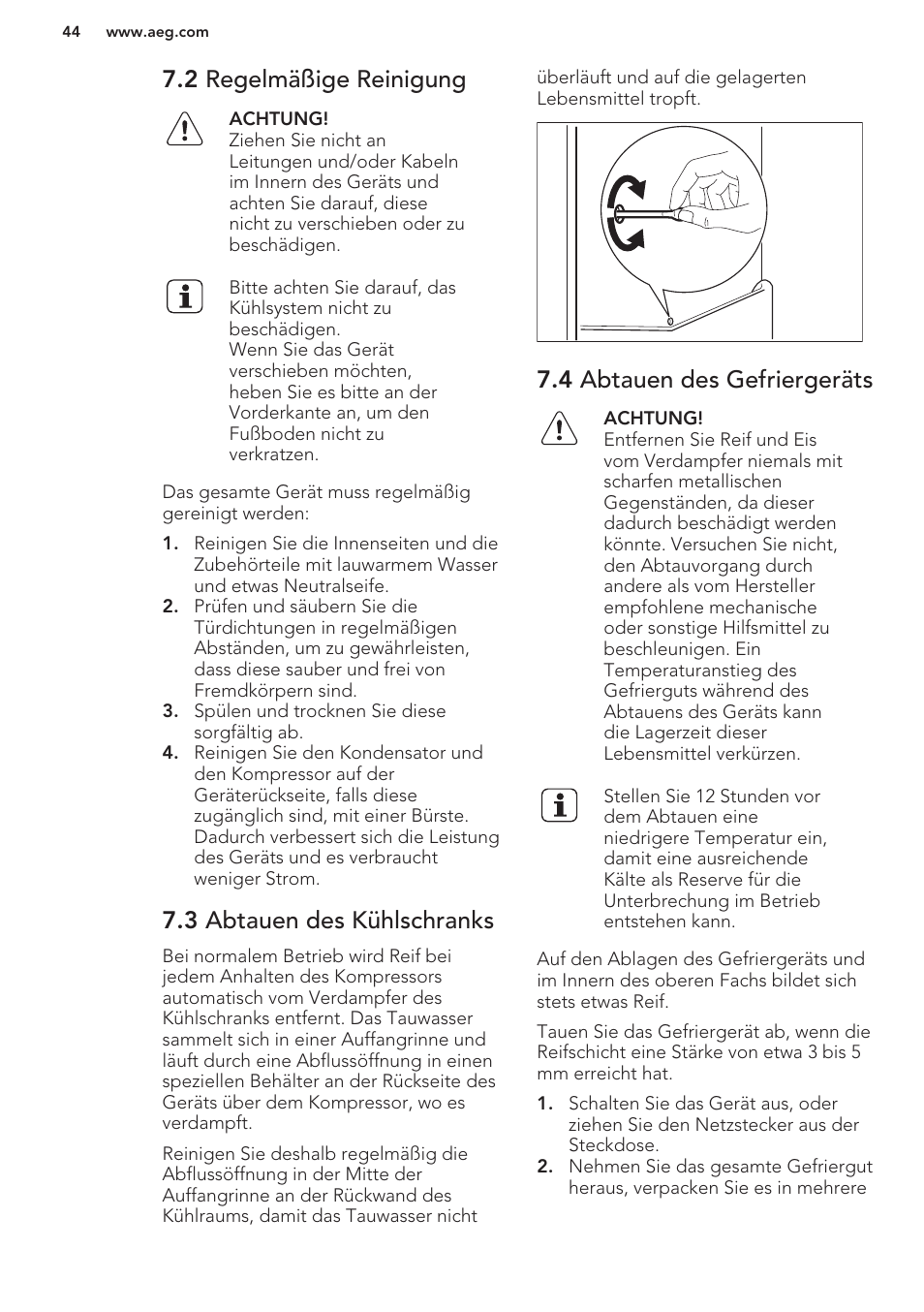 2 regelmäßige reinigung, 3 abtauen des kühlschranks, 4 abtauen des gefriergeräts | AEG S37020KSW0 User Manual | Page 44 / 72