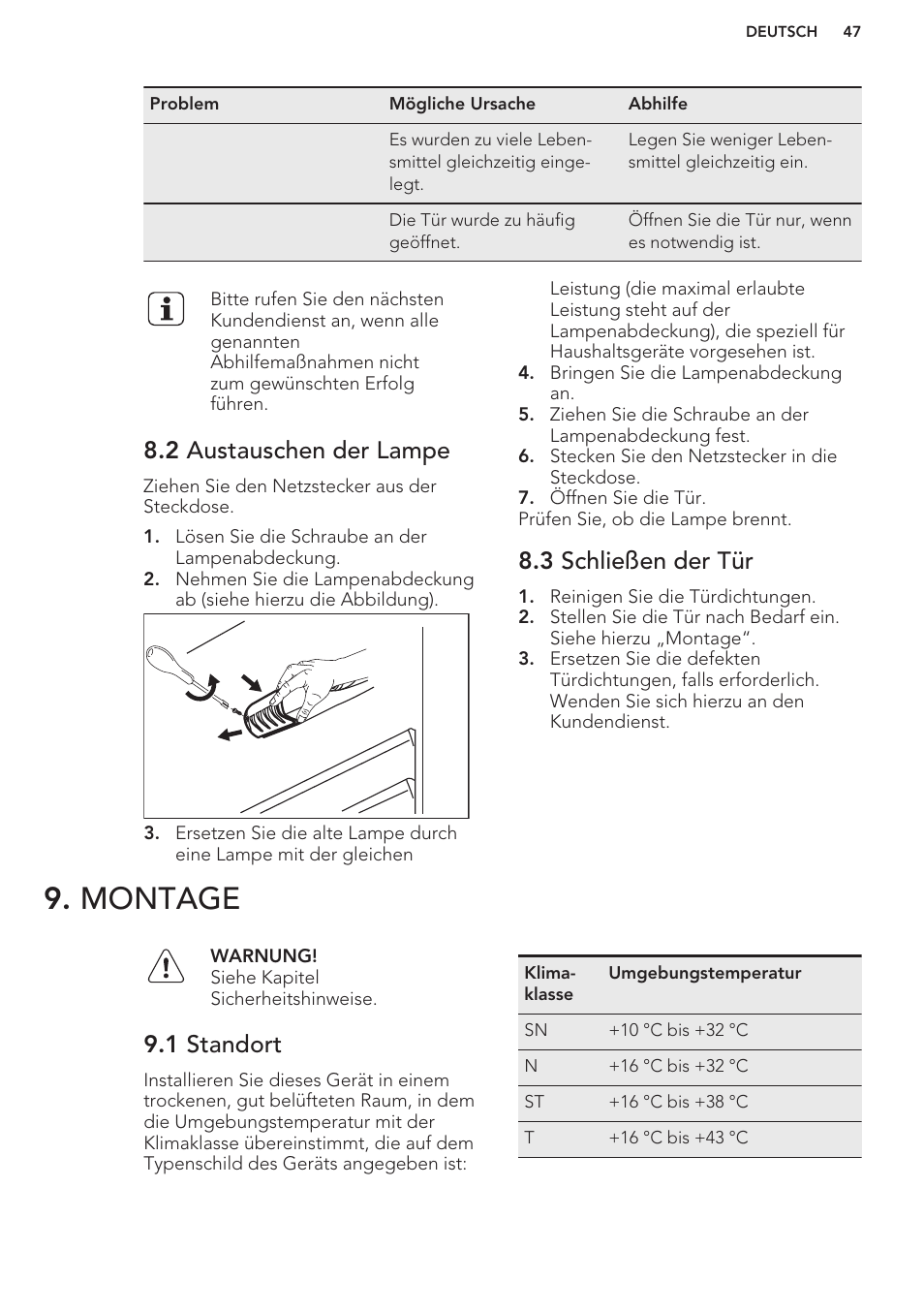 2 austauschen der lampe, 3 schließen der tür, Montage | 1 standort | AEG S37020KSW0 User Manual | Page 47 / 72