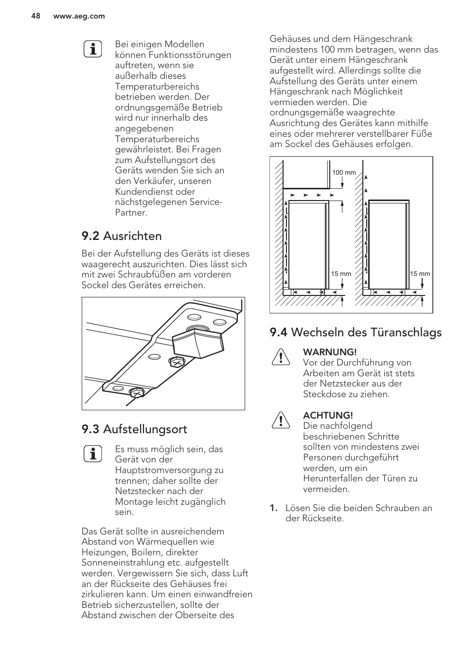2 ausrichten, 3 aufstellungsort, 4 wechseln des türanschlags | AEG S37020KSW0 User Manual | Page 48 / 72