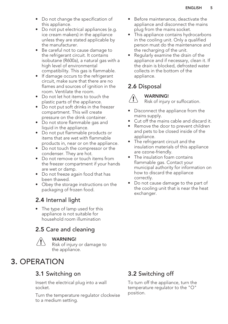 4 internal light, 5 care and cleaning, 6 disposal | Operation, 1 switching on, 2 switching off | AEG S37020KSW0 User Manual | Page 5 / 72
