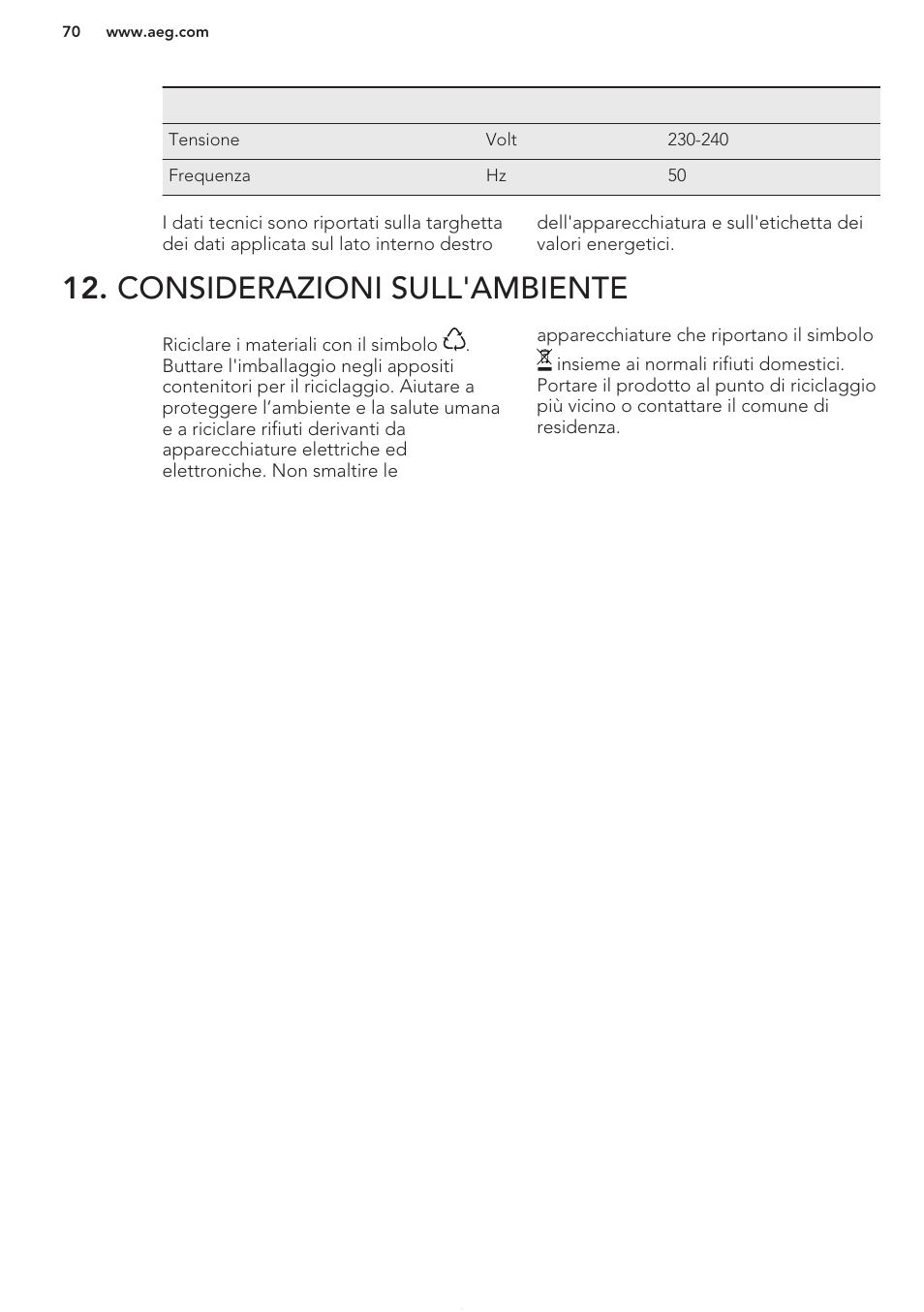 Considerazioni sull'ambiente | AEG S37020KSW0 User Manual | Page 70 / 72