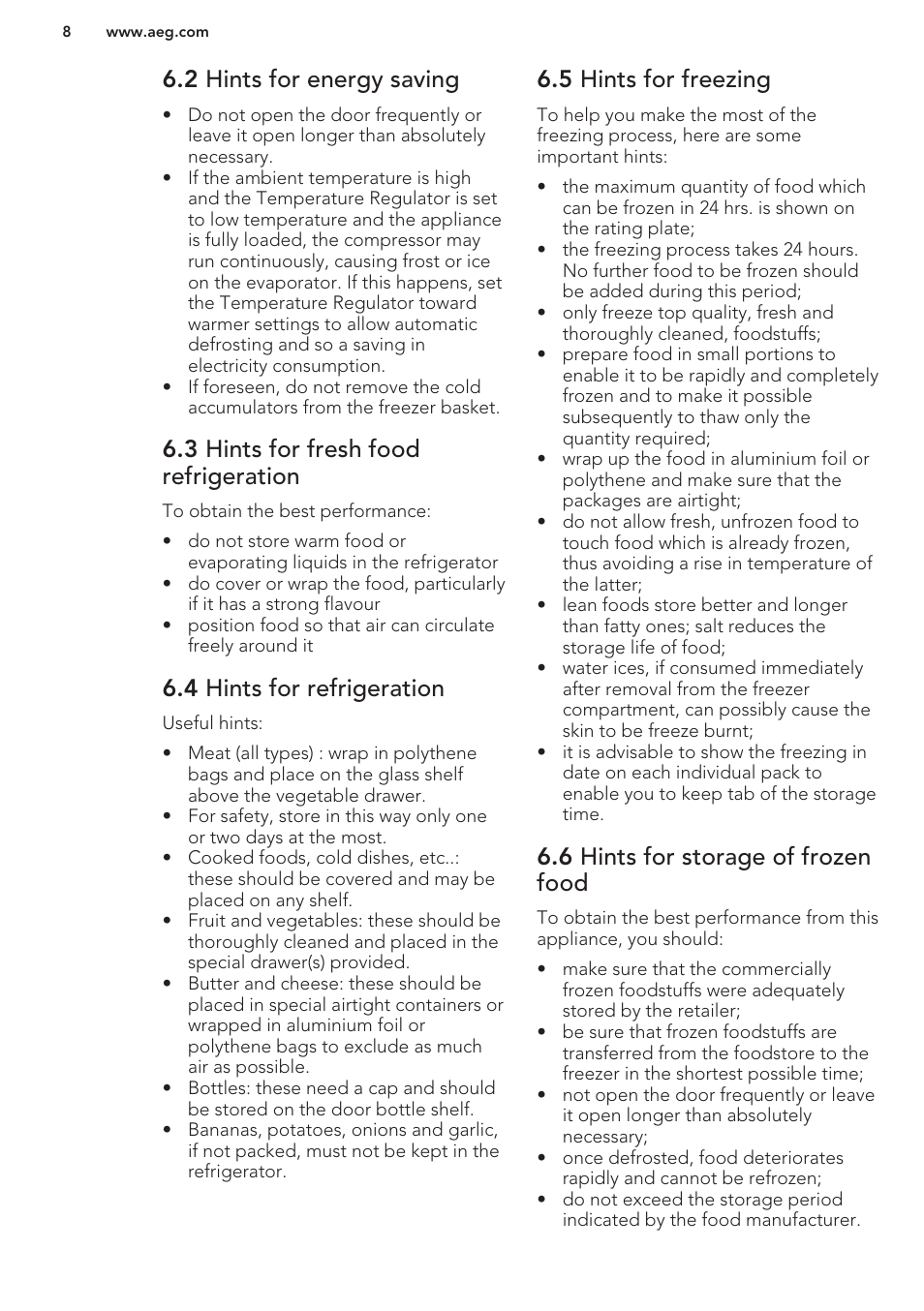 2 hints for energy saving, 3 hints for fresh food refrigeration, 4 hints for refrigeration | 5 hints for freezing, 6 hints for storage of frozen food | AEG S37020KSW0 User Manual | Page 8 / 72