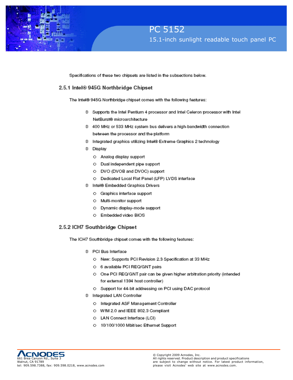 Pc 5152, Inch sunlight readable touch panel pc | Acnodes PC 5152 User Manual | Page 3 / 11