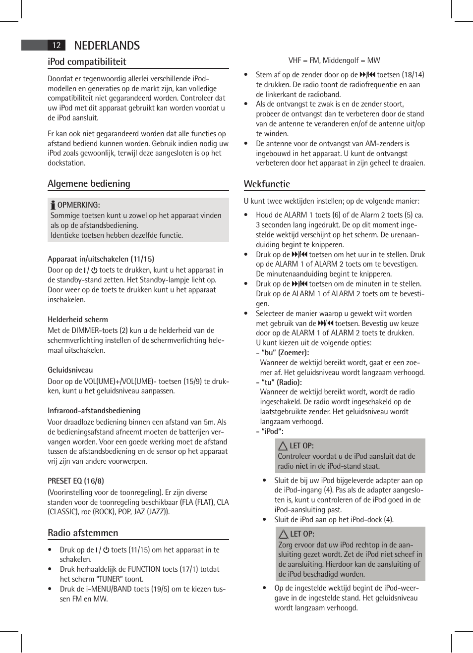 Nederlands, Ipod compatibiliteit, Algemene bediening | Radio afstemmen, Wekfunctie | AEG MR 4115 i User Manual | Page 12 / 58