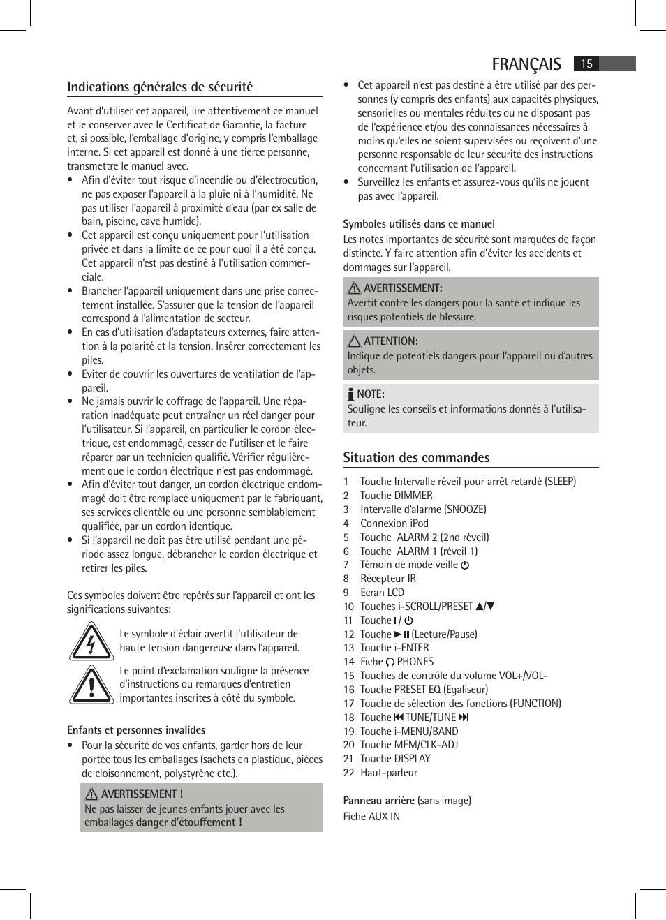 Français, Indications générales de sécurité, Situation des commandes | AEG MR 4115 i User Manual | Page 15 / 58