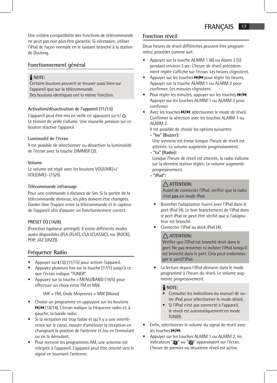 Français, Fonctionnement général, Fréquence radio | Fonction réveil | AEG MR 4115 i User Manual | Page 17 / 58