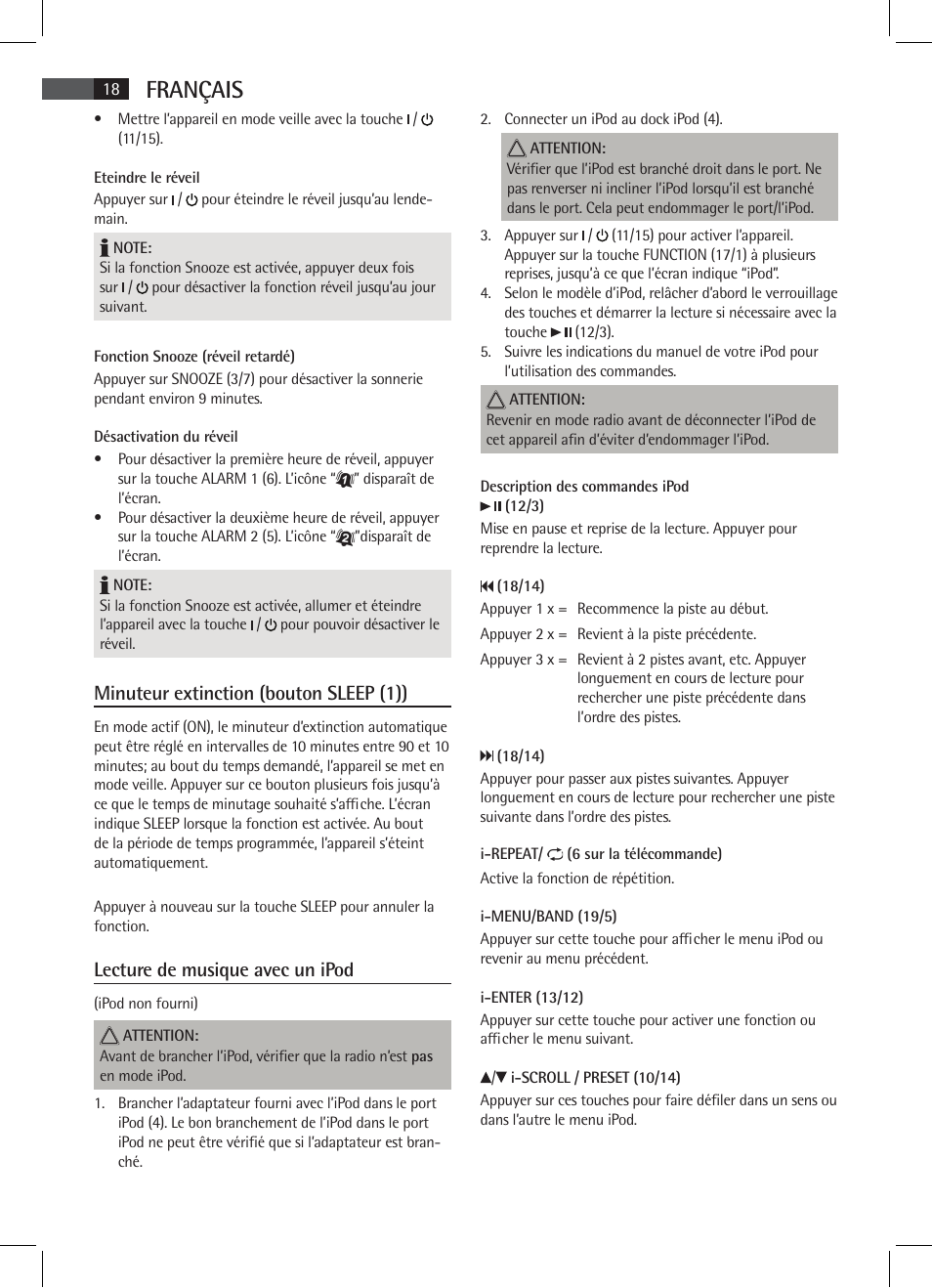 Français, Minuteur extinction (bouton sleep (1)), Lecture de musique avec un ipod | AEG MR 4115 i User Manual | Page 18 / 58