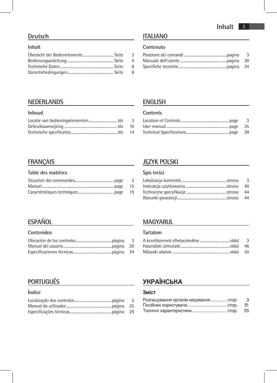 Inhalt, Deutsch, Nederlands | Français, Español, Português, Italiano, English, Język polski, Magyarul | AEG MR 4115 i User Manual | Page 2 / 58