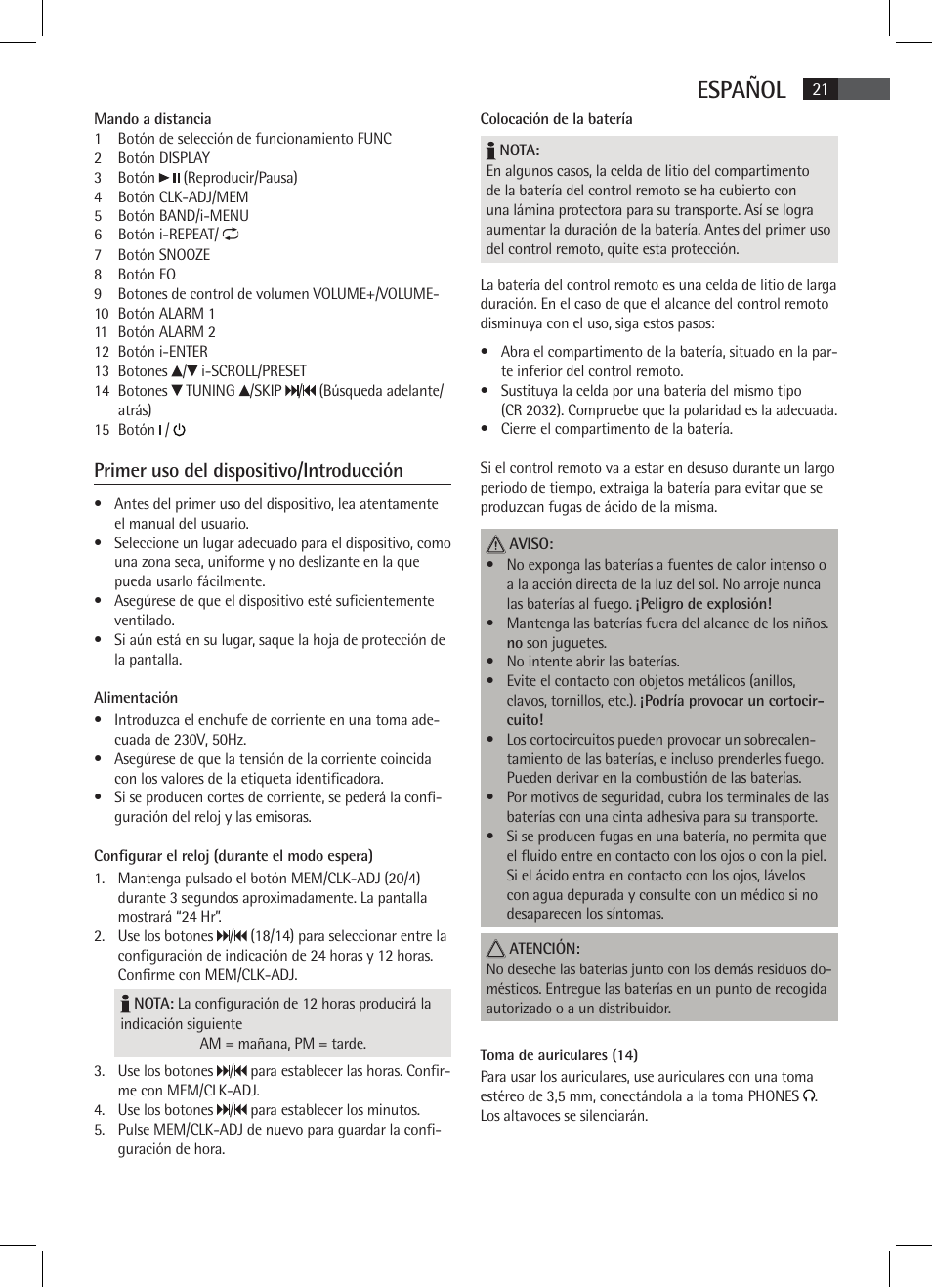 Español, Primer uso del dispositivo/introducción | AEG MR 4115 i User Manual | Page 21 / 58