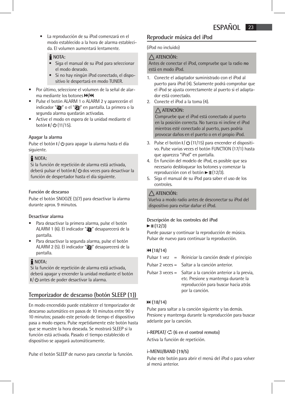 Español, Temporizador de descanso (botón sleep (1)), Reproducir música del ipod | AEG MR 4115 i User Manual | Page 23 / 58