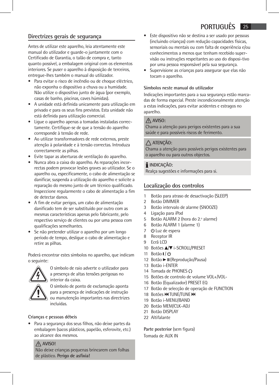 Português, Directrizes gerais de segurança, Localização dos controlos | AEG MR 4115 i User Manual | Page 25 / 58