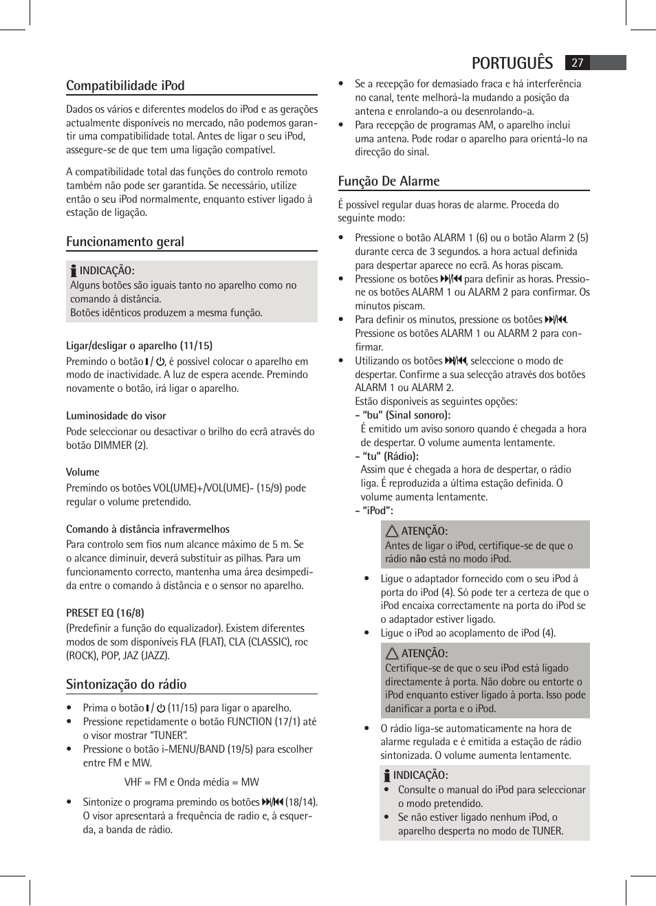 Português, Compatibilidade ipod, Funcionamento geral | Sintonização do rádio, Função de alarme | AEG MR 4115 i User Manual | Page 27 / 58