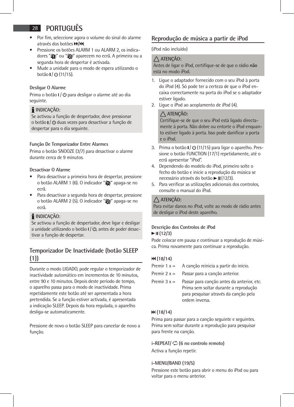 Português, Temporizador de inactividade (botão sleep (1)), Reprodução de música a partir de ipod | AEG MR 4115 i User Manual | Page 28 / 58
