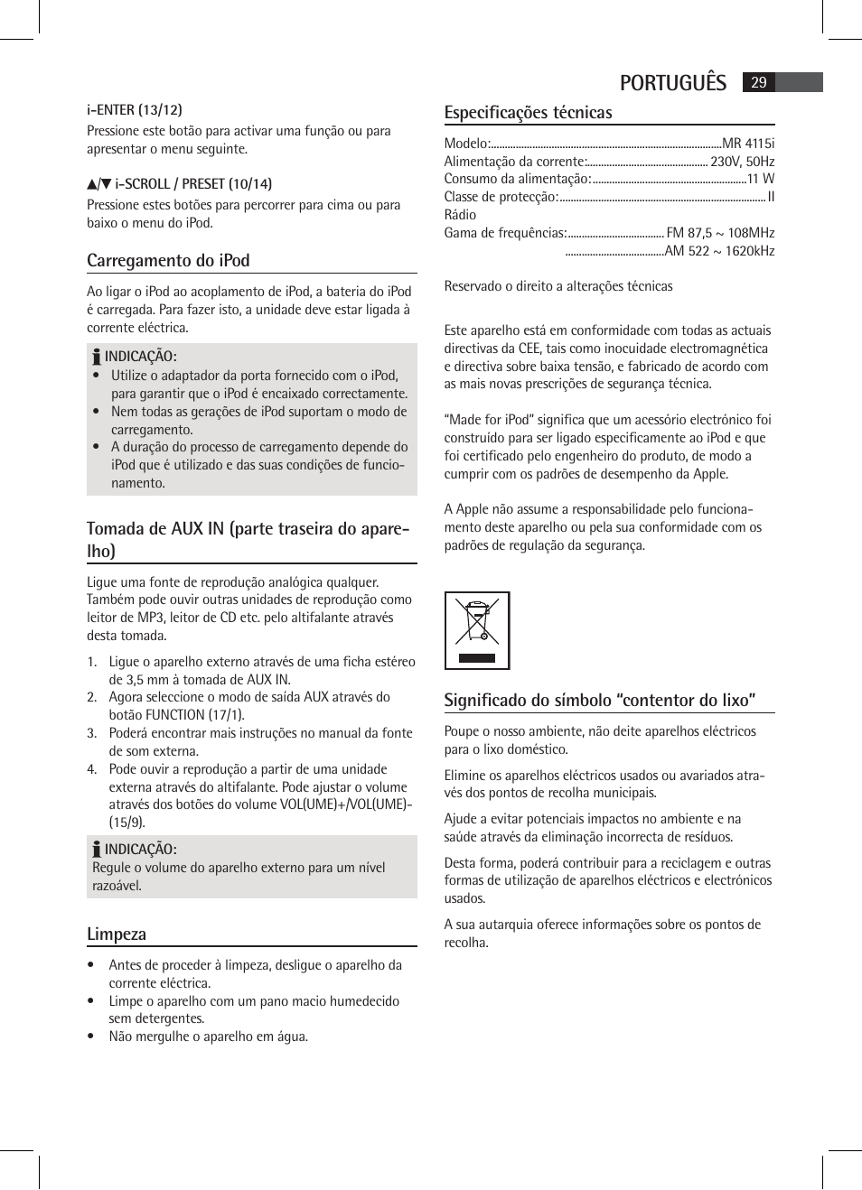 Português, Carregamento do ipod, Tomada de aux in (parte traseira do apare- lho) | Limpeza, Especificações técnicas, Significado do símbolo “contentor do lixo | AEG MR 4115 i User Manual | Page 29 / 58