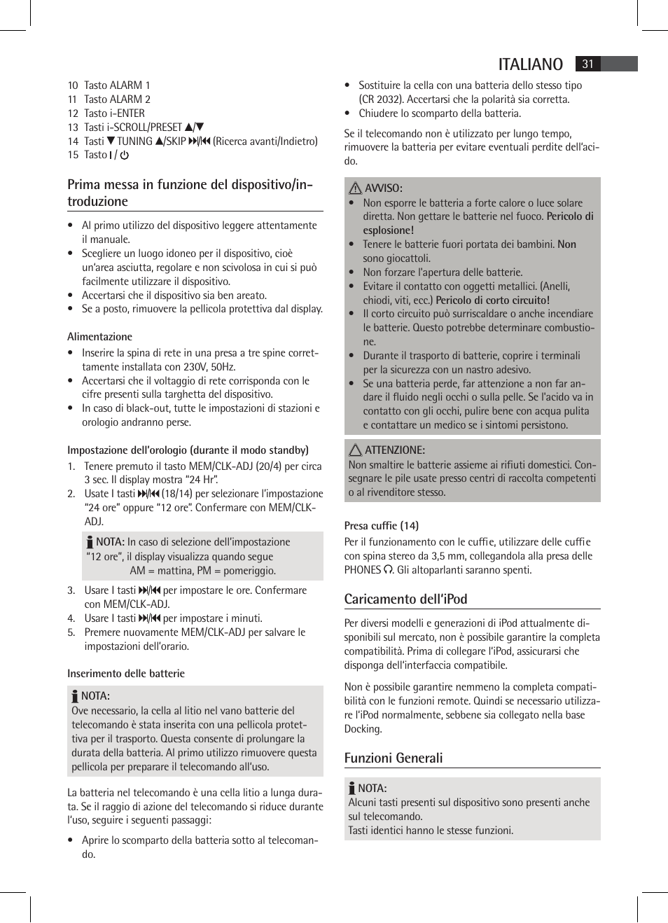 Italiano, Caricamento dell‘ipod, Funzioni generali | AEG MR 4115 i User Manual | Page 31 / 58
