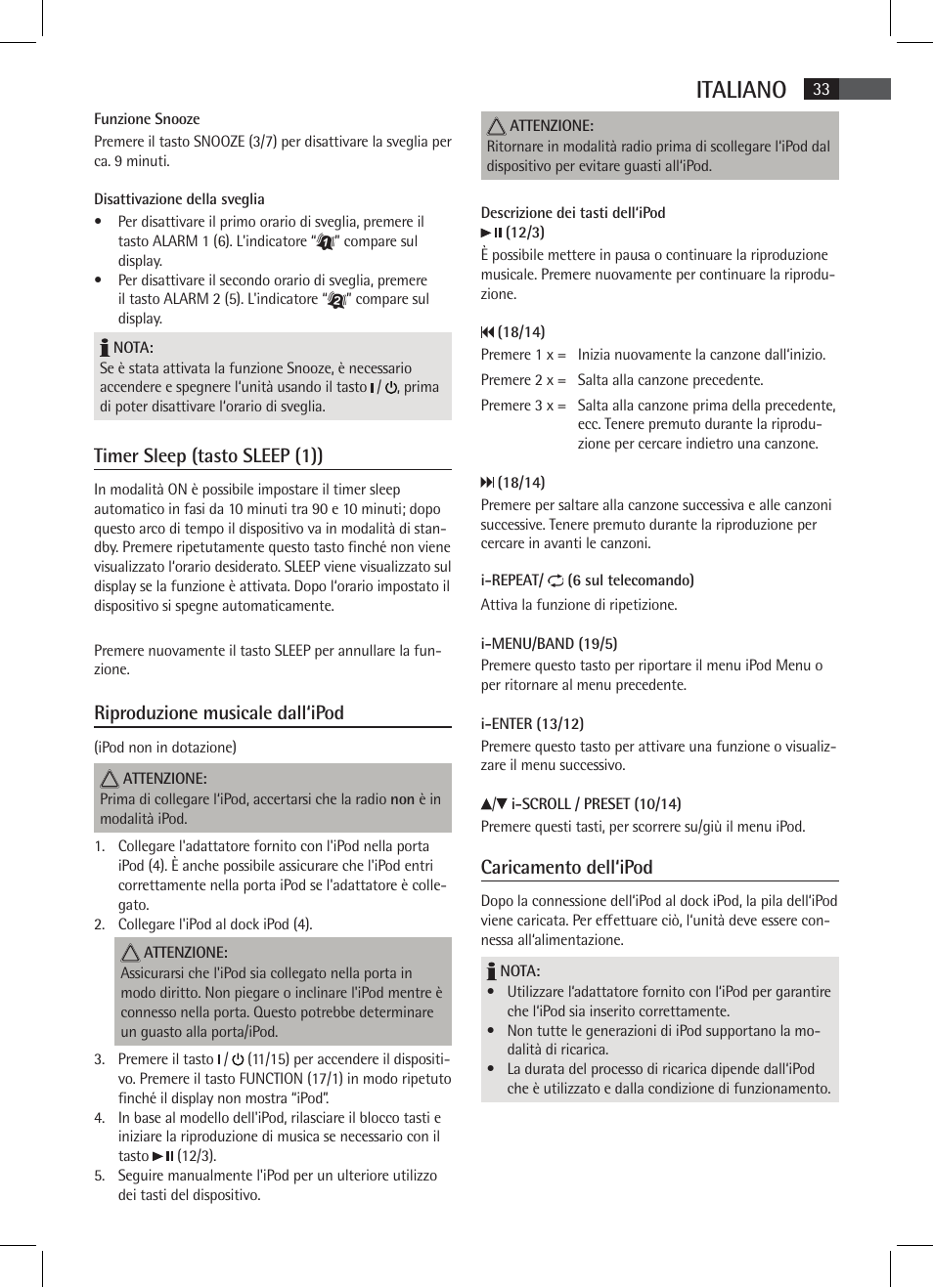 Italiano, Timer sleep (tasto sleep (1)), Riproduzione musicale dall‘ipod | Caricamento dell‘ipod | AEG MR 4115 i User Manual | Page 33 / 58