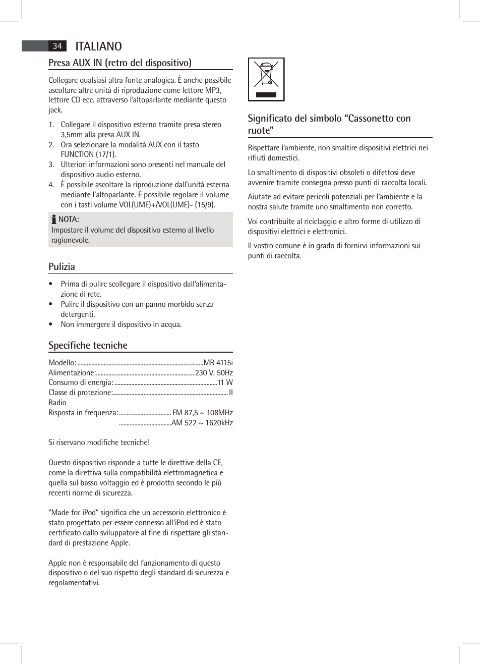 Italiano | AEG MR 4115 i User Manual | Page 34 / 58