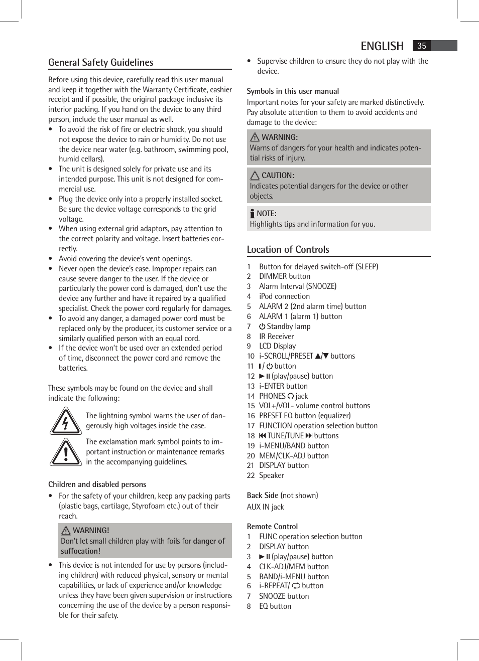 English, General safety guidelines, Location of controls | AEG MR 4115 i User Manual | Page 35 / 58