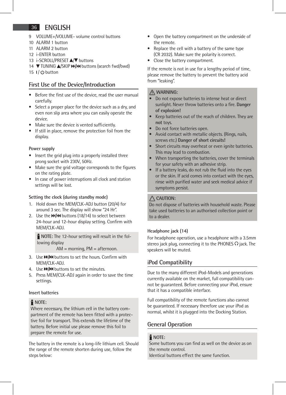 English, First use of the device/introduction, Ipod compatibility | General operation | AEG MR 4115 i User Manual | Page 36 / 58