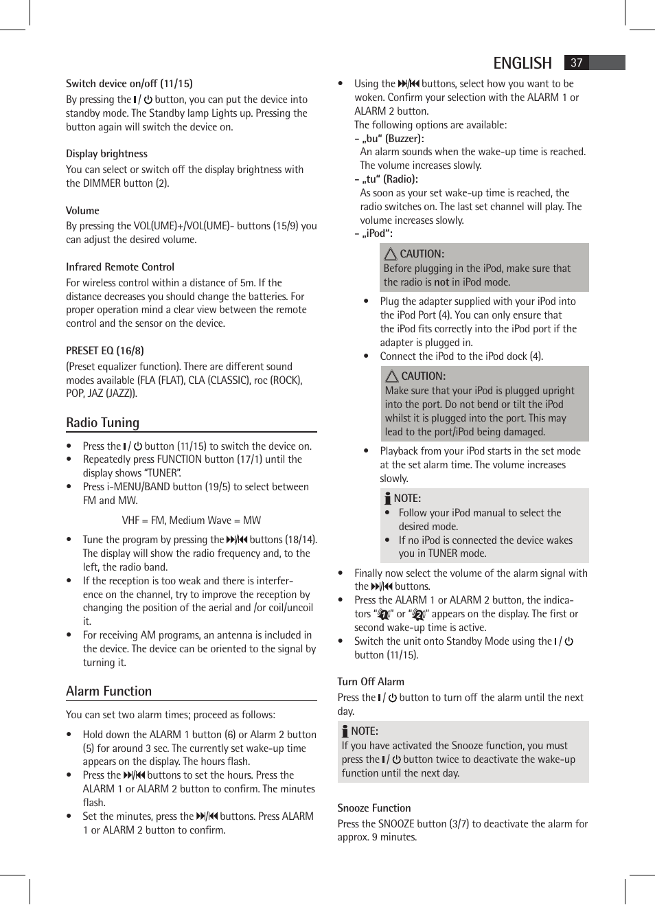 English, Radio tuning, Alarm function | AEG MR 4115 i User Manual | Page 37 / 58