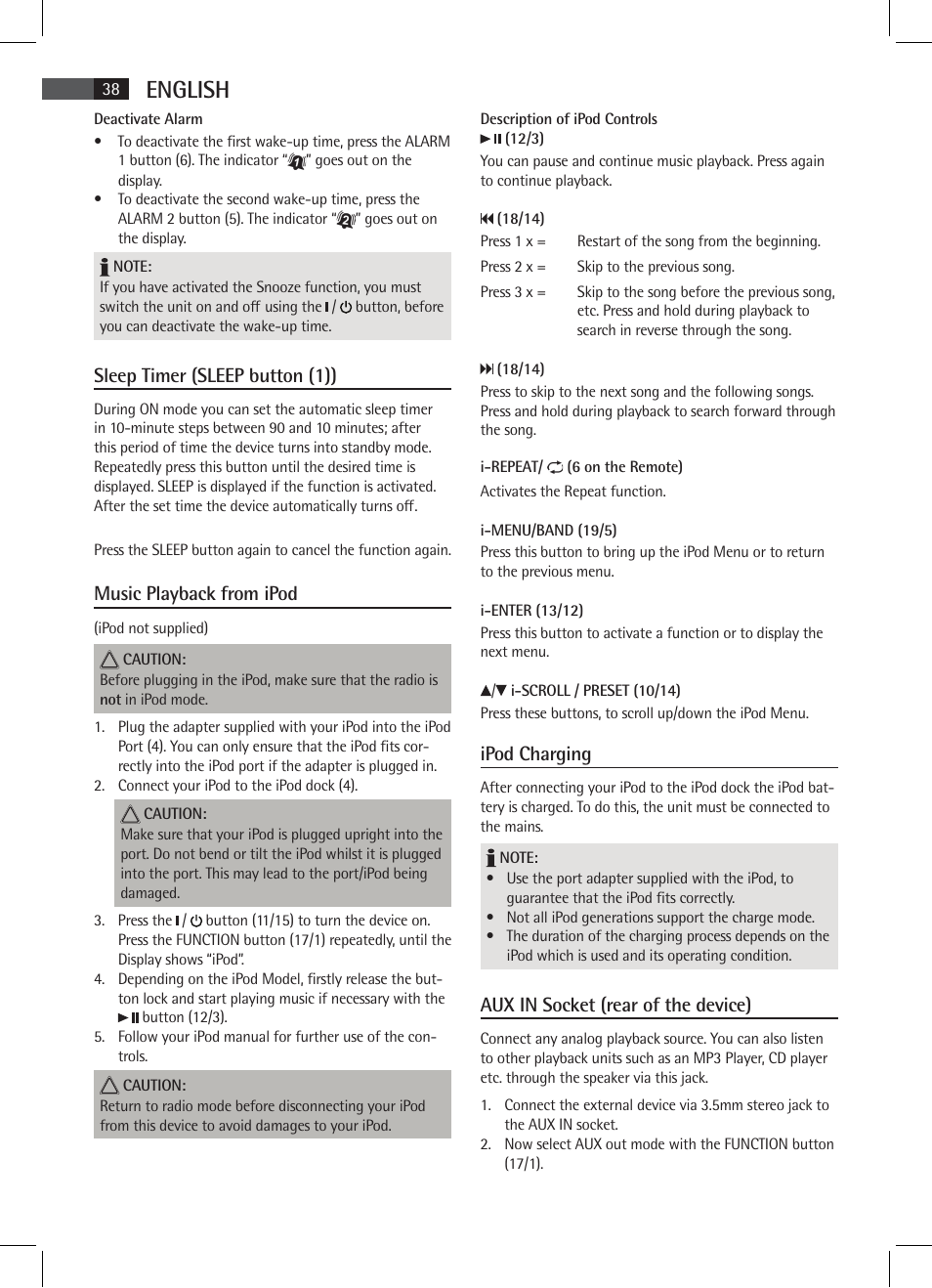 English, Sleep timer (sleep button (1)), Music playback from ipod | Ipod charging, Aux in socket (rear of the device) | AEG MR 4115 i User Manual | Page 38 / 58