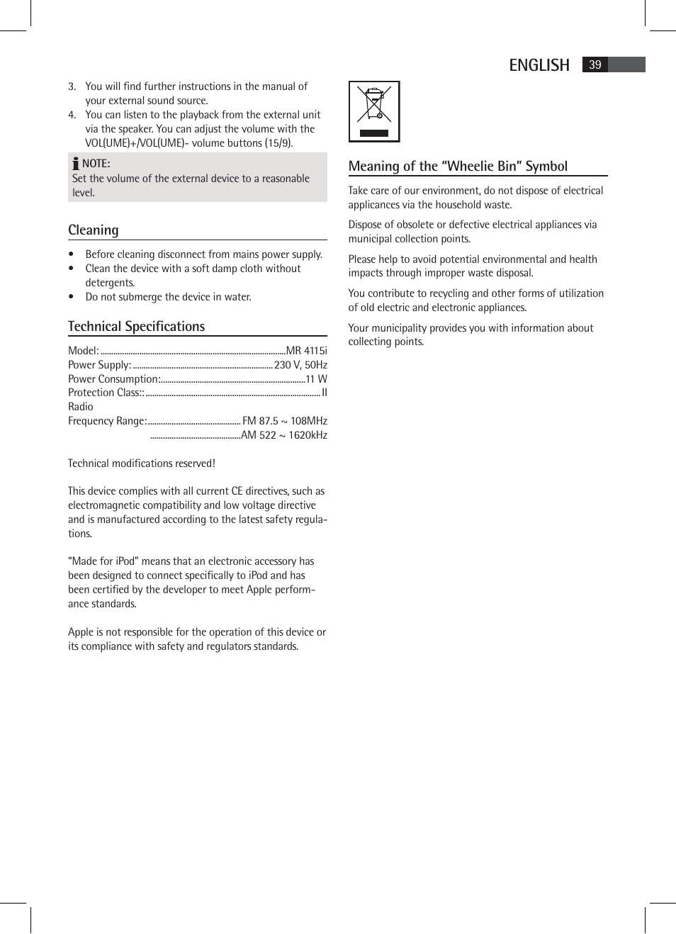 English, Cleaning, Technical specifications | Meaning of the “wheelie bin” symbol | AEG MR 4115 i User Manual | Page 39 / 58