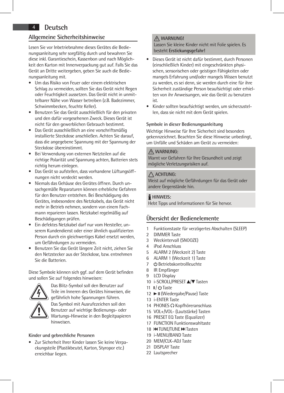 Deutsch, Allgemeine sicherheitshinweise, Übersicht der bedienelemente | AEG MR 4115 i User Manual | Page 4 / 58