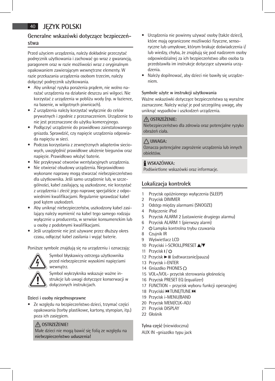Język polski, Generalne wskazówki dotyczące bezpieczeń- stwa, Lokalizacja kontrolek | AEG MR 4115 i User Manual | Page 40 / 58