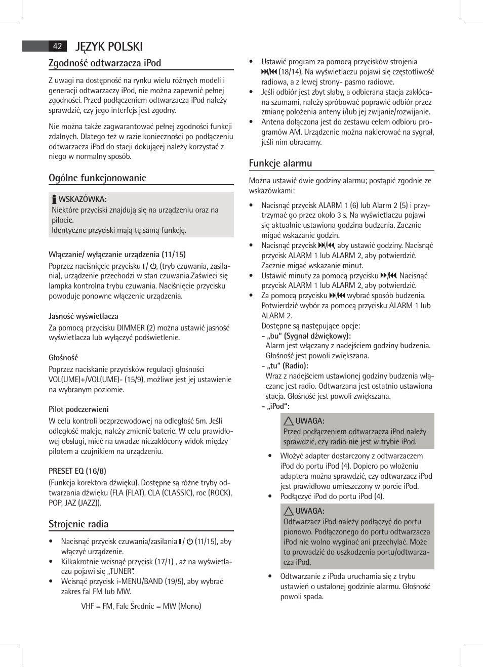 Język polski, Zgodność odtwarzacza ipod, Ogólne funkcjonowanie | Strojenie radia, Funkcje alarmu | AEG MR 4115 i User Manual | Page 42 / 58