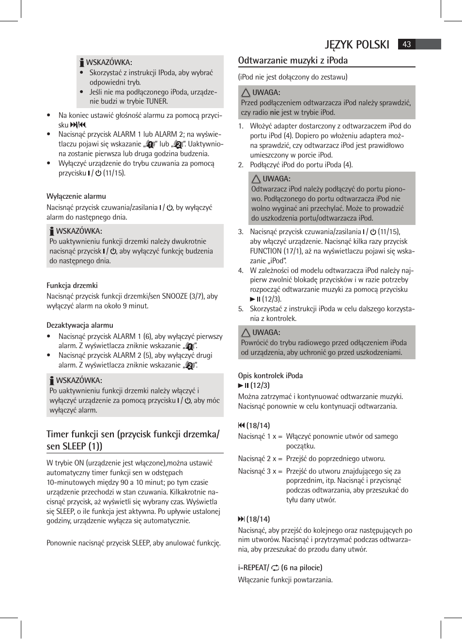 Język polski, Odtwarzanie muzyki z ipoda | AEG MR 4115 i User Manual | Page 43 / 58