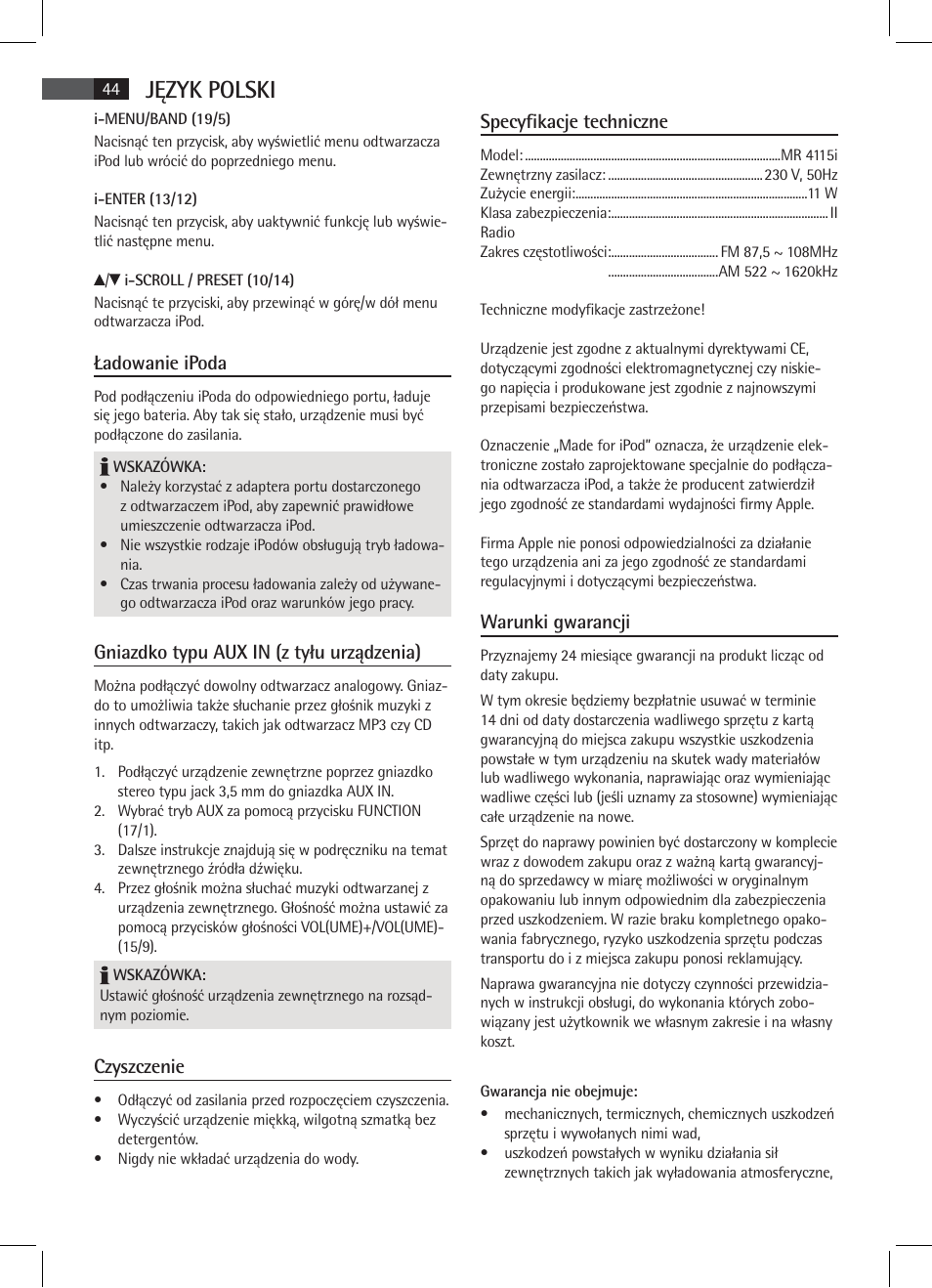Język polski, Ładowanie ipoda, Gniazdko typu aux in (z tyłu urządzenia) | Czyszczenie, Specyfikacje techniczne, Warunki gwarancji | AEG MR 4115 i User Manual | Page 44 / 58
