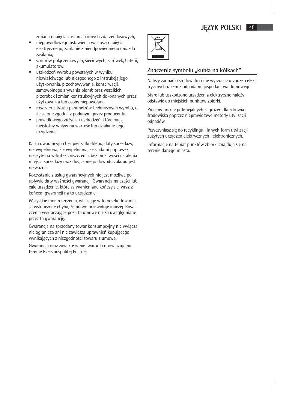 Język polski, Znaczenie symbolu „kubła na kółkach | AEG MR 4115 i User Manual | Page 45 / 58